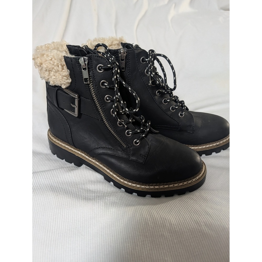 Target Black Faux Fur Trim Combat Boots Lace Up Side Zip Lug Sole Size 7.5